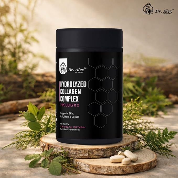 Dr. Alex Hydrolyzed Multi Collagen Supplement Tablets 1800mg (90 Tablets) - Type I II III V &amp X | Collagen Peptides Capsules for Women &amp Men | Skin Hair Nails &amp Joint Support