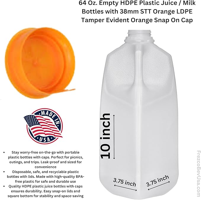 Half Gallon Jugs Bottles (Pack Of 6 x 64 Oz) with Orange Snap On Cap – Great for Homemade Juices Milk Smoothies Tea and Other Beverages - Food Grade BPA Free
