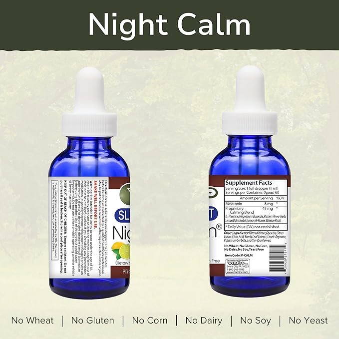 Vinco Inc - Night Calm® Mood &amp Relaxation Daily Supplement | 60 ml (60 Servings) | with Melatonin L-Theanine &amp Herbal Extracts | Supports Sleep Relaxation &amp Mood | Gluten Free &amp Vege