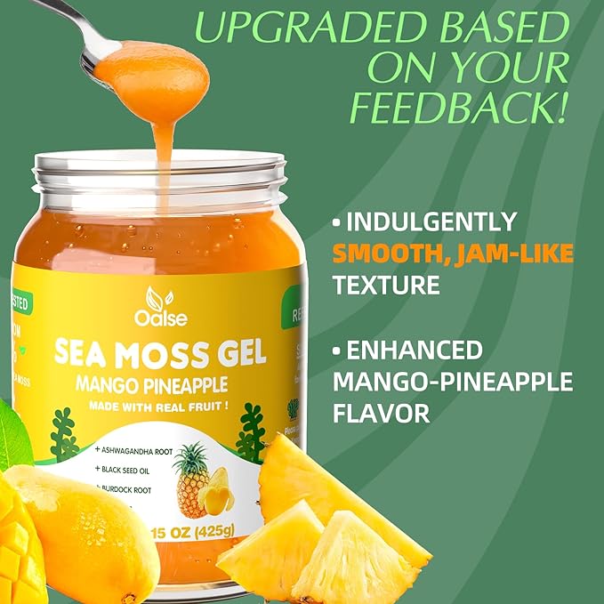OALSE Mango Sea Moss Gel - Natural Irish Seamoss Gel with Ashwagandha Root Burdock Root Turmeric - Non-GMO Gluten-Free Vegan
