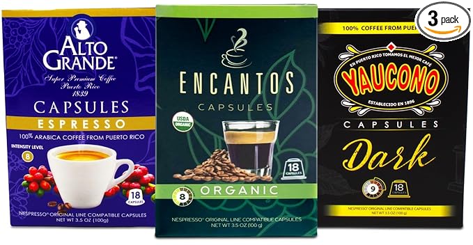 Puerto Rican Coffee Capsules Variety Compatible with Nespresso Machines 54 Count (18 Alto Grande Espresso 18 Encantos Organic 18 Yaucono)