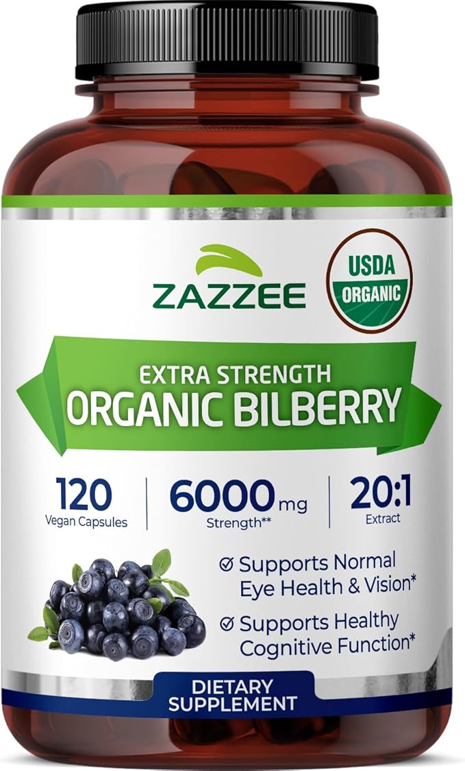 Zazzee USDA Organic Bilberry 20:1 Extract 120 Vegan Capsules 4 Month Supply Vaccinium Myrtillus Eye Health Vision &amp Antioxidant Support All-Natural Non-GMO Made in the USA