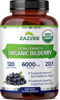 Zazzee USDA Organic Bilberry 20:1 Extract 120 Vegan Capsules 4 Month Supply Vaccinium Myrtillus Eye Health Vision &amp Antioxidant Support All-Natural Non-GMO Made in the USA