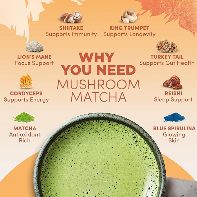 RYZE SUPERFOODS All Day Energy Bundle with Mushroom Medium Roast Coffee + Mushroom Matcha USDA Organic with 6 Adaptogenic Mushrooms + Matcha for Better Energy Focus Digestion 30+30 serving