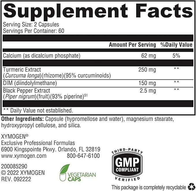 XYMOGEN Dimension 3 - Diindolylmethane DIM Supplement with Curcumin + BioPerine - Supports Healthy Estrogen Detox Hormonal Balance for Women and Men - Menopause Relief + PMS Support (120 Capsules)