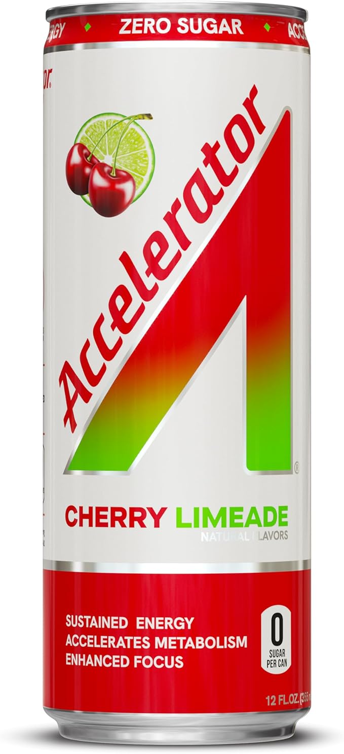 Accelerator Energy Drink Cherry Limeade 12oz can (12 pack) Zero Sugar Sustained Energy from 100% Natural Caffeine (200mg from Green Coffee Bean &amp Green Tea extract)