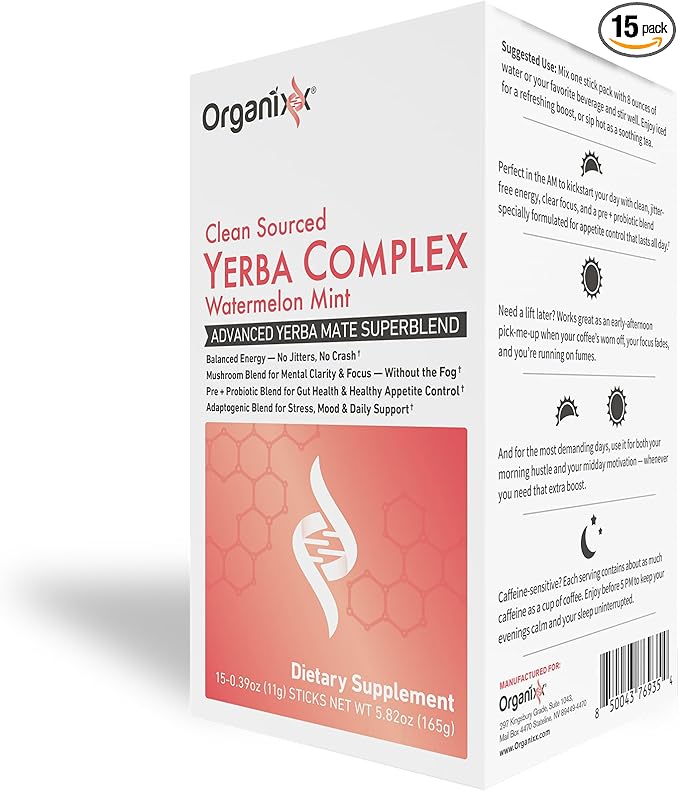 Organixx Clean Sourced Yerba Complex Yerba Mate Superblend Powder Drink Mix with Ashwagandha Natural Caffeine Pre &amp Probiotics &amp Fiber Dairy and Gluten Free Watermelon Mint 15 Travel Pa