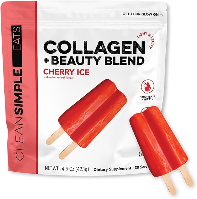 Clean Simple Eats Collagen Powder + Beauty Blend Cherry Ice Flavor Hydrolyzed Collagen Peptides from Grass Fed Bovine &amp Chicken Hyaluronic Acid for Hair Skin Nail &amp Joint Support 30 Serv