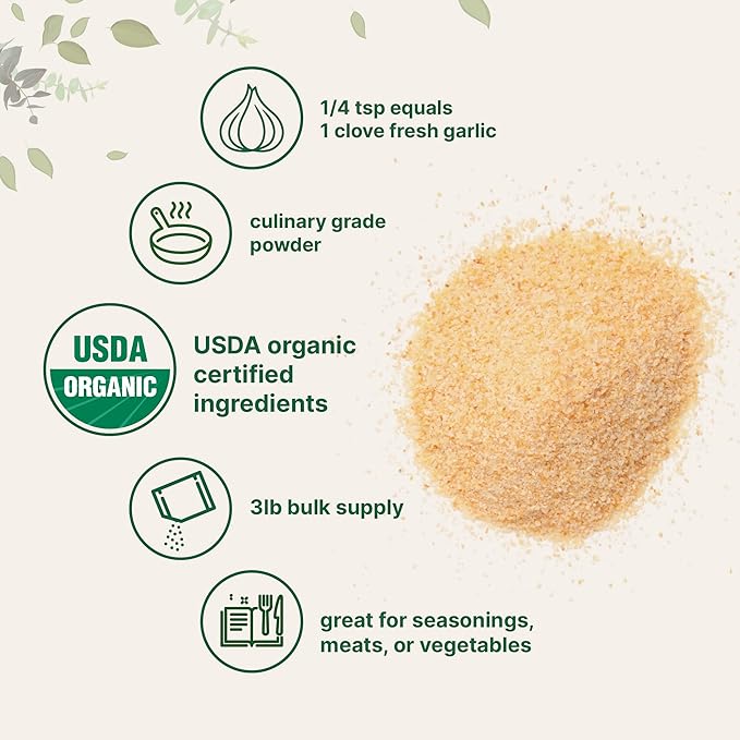 Organic Garlic Powder 3 lb | Premium Raw Allium Sativum Bulb | Pungent &amp Savory Flavor | Great for Meats Vegetables &amp Spice Mixes | Additive Free Non-GMO Bulk Supply
