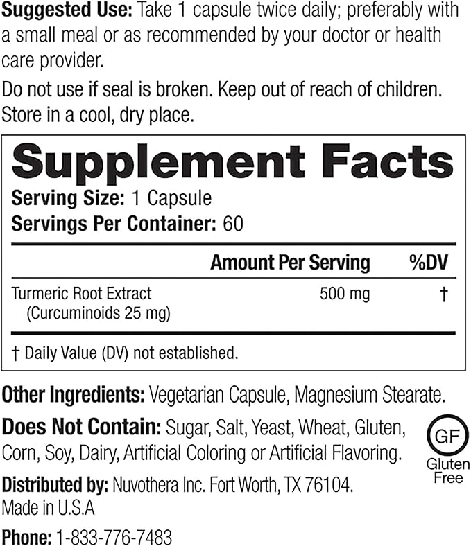 Nuvothera Super-Micronized Turmeric Curcumin Capsules Rapid Absorption Whole Root Non-GMO Skin Gut Health &amp Antioxidants (1 Month Pack (60 Capsules))