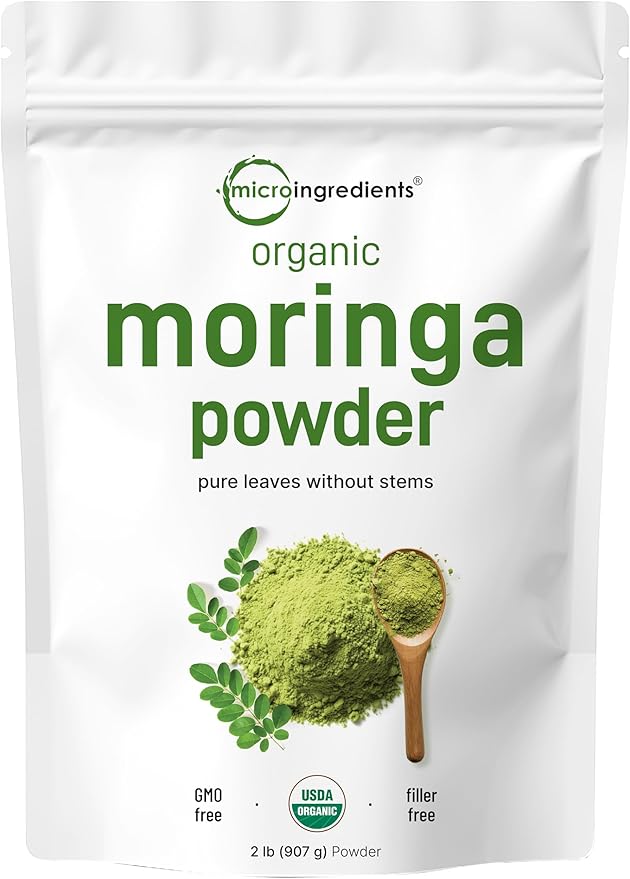 Micro Ingredients Organic Moringa Oleifera Leaf Powder 2 Pound | Rich in Antioxidants &amp Immune Vitamins | Pure Leaves Without Stems | Great Superfoods for Tea or Drink | India Grown Vegan
