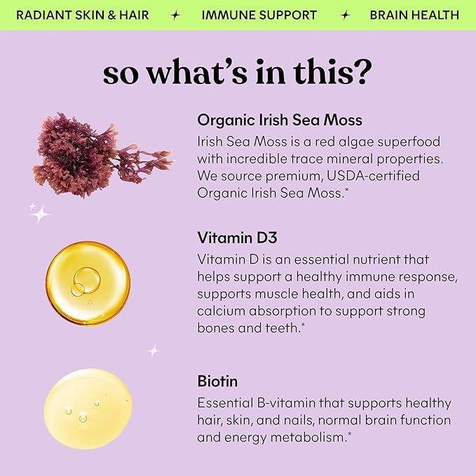 Lemme Irish Sea Moss Organic Liquid Drops with Vitamin D3 and Biotin for Trace Mineral Support Immunity Hair Skin &amp Nails Brain Health - Gluten &amp Sugar Free Non GMO 1 oz 30 Servings