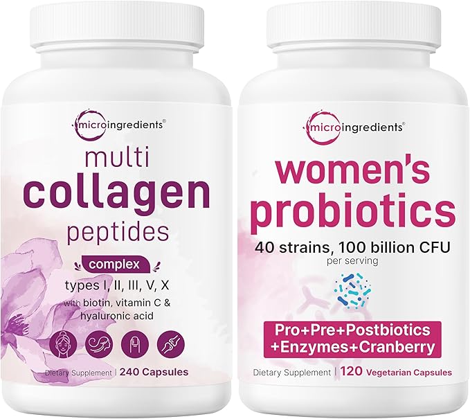 Micro Ingredients 8-in-1 Multi Collagen Pills &amp Women’s Probiotics 100 Billion CFU Veggie Capsules | 2 Pack | Hydrolyzed Peptides + Hyaluronic Acid &amp Vitamin C | 40 Strains + Cranberry &amp D