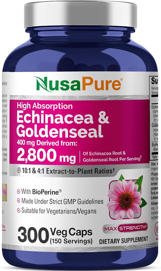 NusaPure Echinacea Goldenseal 200mg (Extract 10:1 Equivalent to 2000mg) 200mg (Extract 4:1 Equivalent to 800mg) - 2800mg 300 Veggie Caps (Vegetarian Non-GMO Vegan)