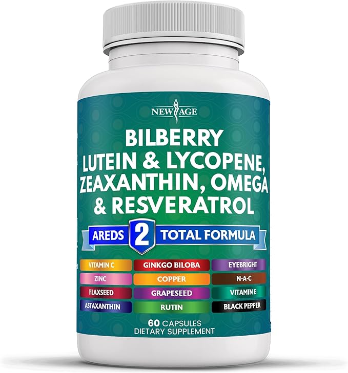NEW AGE Eye Health Vitamins with Bilberry Lutein &amp Zeaxanthin Lycopene Resveratrol Grape Seed Astaxanthin - Eye Vitamin - 60 Count