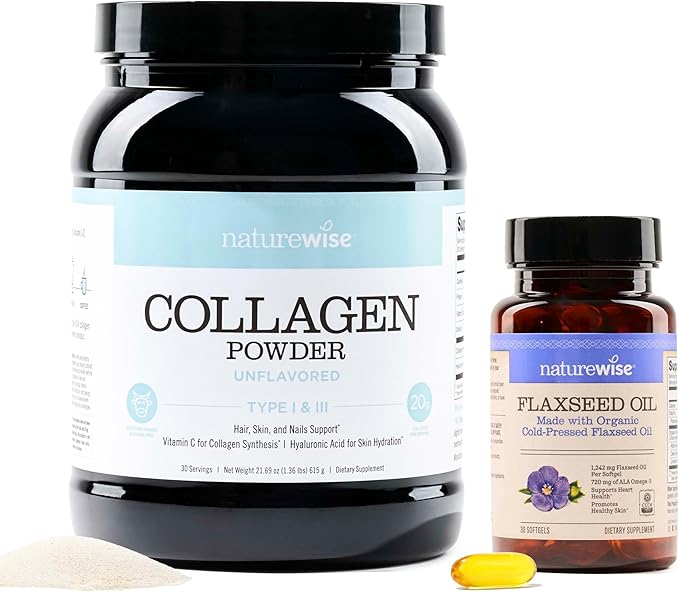 NatureWise [1] Collagen Peptides Powder + Hyaluronic Acid &amp Vitamin C - Non-GMO - 30 Servings + [1] Flaxseed Oil 1200mg - Organic Cold Pressed - 30 Softgels[30-Day Supply]