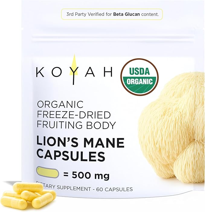 KOYAH - Organic Lion's Mane Mushroom Capsules - 100% Fruiting Body Freeze-Dried USA 3rd Party Tested for Beta-Glucans 500 mg Brain &amp Nerve Support. Immune Support. 60 Capsules