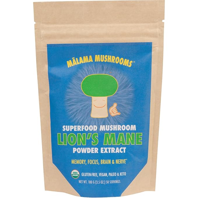 Lion's Mane Extract Powder by Malama Organic Fruiting Body Lions Mane Mushroom Powder Superfood Adaptogenic Supports Memory Focus Brain &amp Nerves