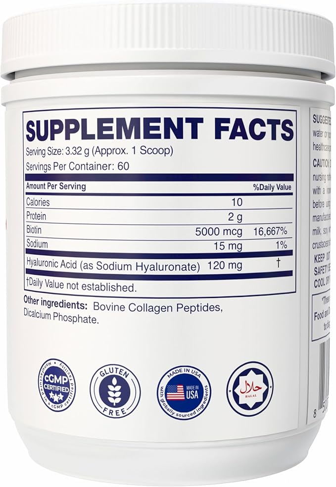 Collagen + Biotin with Hyaluronic Acid Powder Supports Healthy Skin Hair &amp Nails Gluten-Free Halal Made in USA 60 Servings Unflavored
