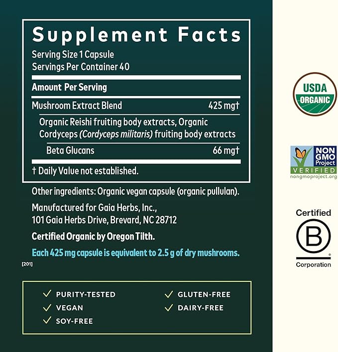 Gaia Herbs Reishi &amp Cordyceps - Immune Support with Mushrooms Traditionally Used to Help Maintain Lung &amp Respiratory Health* - with Reishi &amp Cordyceps - 40 Vegan Capsules (40 Servings)
