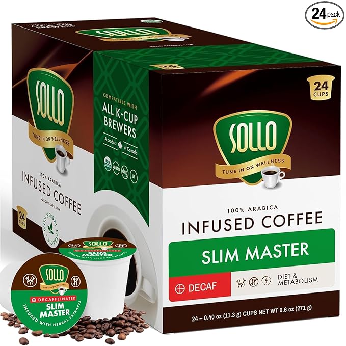 SOLLO Slim Decafenated Coffee Pods Diet Support Weight Loss with Garcinia Vitamins and Green Coffee Bean Extract Compatible w/Keurig K-Cup Brewers Decaf 24 ct