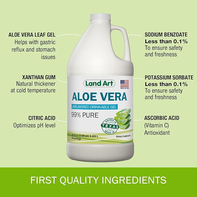 Land Art - Organic Aloe Vera Drinkable Gel for Heartburn &amp Acid Reflux Relief - 99.7% Pure - Cold-Processed - Improves Digestive Health - Soothing and Natural - Vegan &amp Gluten-Free - 64 fl oz