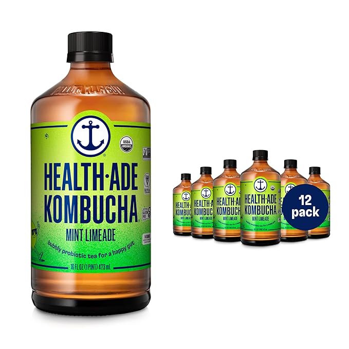 Health-Ade Kombucha Tea Organic Drink Fermented Tea with Living Probiotics Detoxifying Acids Supports Gut Health Non-GMO Vegan Gluten Free 12 Pack (16 Fl Oz Bottles) Mint Limeade
