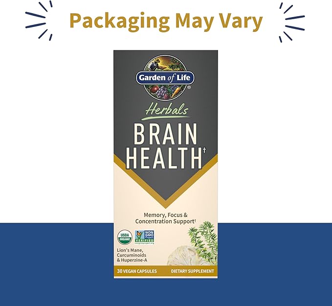 Garden of Life Brain Health Supplement with Organic Lion’s Mane &amp Turmeric Non-GMO Gluten-Free Mint Flavor - for Memory Focus &amp Healthy Brain Function