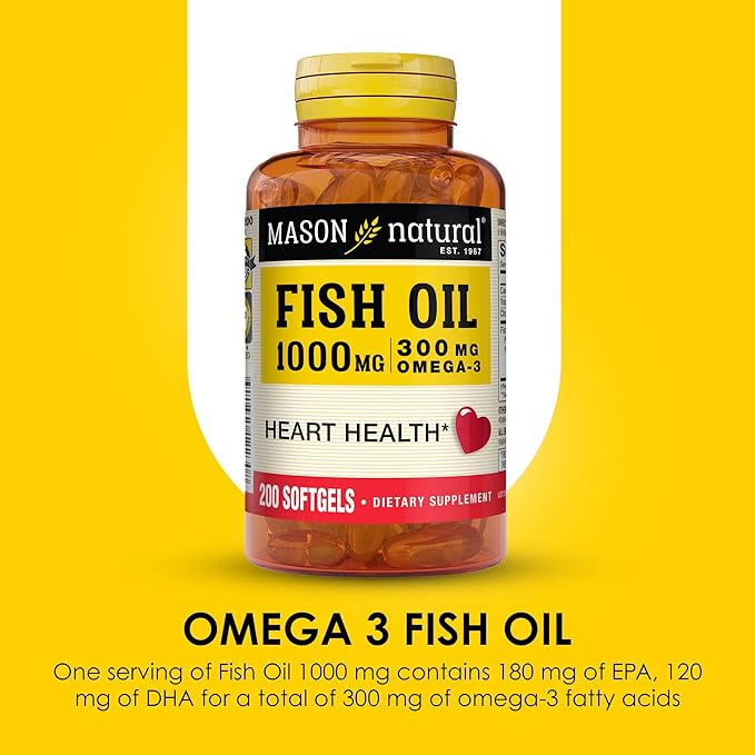 MASON NATURAL Omega3 Fish Oil 200Day Supply 1000mg with EPA and DHA for Joint Support Softgel Pills