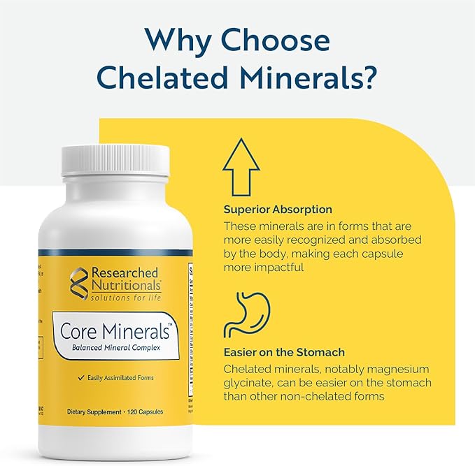 Researched Nutritionals Core Minerals - Daily Trace Minerals Supplement - Iron-Free Blend with Vitamin D3 Magnesium Glycinate &amp Iodine for Thyroid Bone &amp Metabolic Support (120 ct)