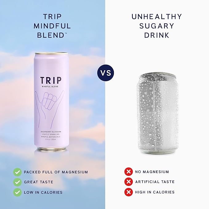 TRIP Lightly Sparkling Adaptogen Drink Non Alcoholic Drink with Magnesium Ashwagandha Lions Mane &amp L Theanine No Added Sugar Mocktail Vegan Raspberry Blossom 12 Oz 12Pk