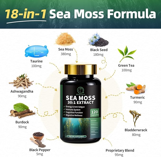 Shilajit for Men Sea Moss and Shilajit Bundle All in 1 Supplements with Coenzyme Q10 Black Seed Ashwagandha Taurine Burdock for Energy Endurance Antioxidant &amp Immune Support 240 Capsules