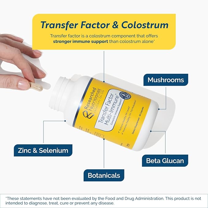 Transfer Factor Multi-Immune Support Supplement - Clinically Researched Immune Support Formula with Colostrum Mushrooms Green Tea and IP-6 - Promotes Healthy NK Cell &amp T-Cell Function 90 Capsu