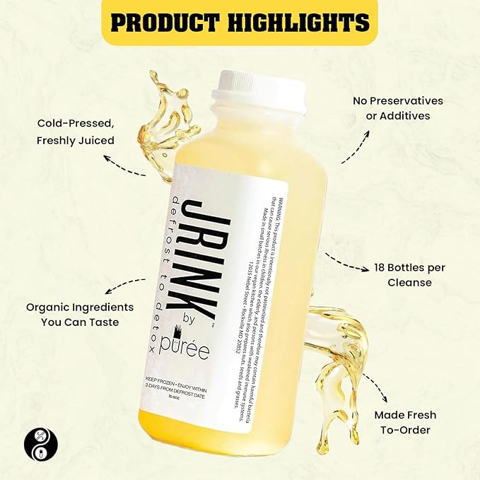 JRINK by Purée Ginger Lemon Juice Cold Pressed Juice Cleanse with Organic Lemon Ginger Detox Drink from Raw Fruit and Vegetable No Preservatives Healthy Cleanse 16oz Bottles 18 Pack