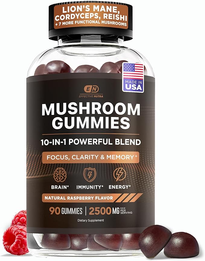 Effective Nutra Mushroom Gummies 2500mg - 10in1 Lion’s Mane Reishi Chaga Cordyceps &amp More - Focus Clarity Memory Immunity Energy - Natural Raspberry Flavor Vegan Made in USA (90 Count)