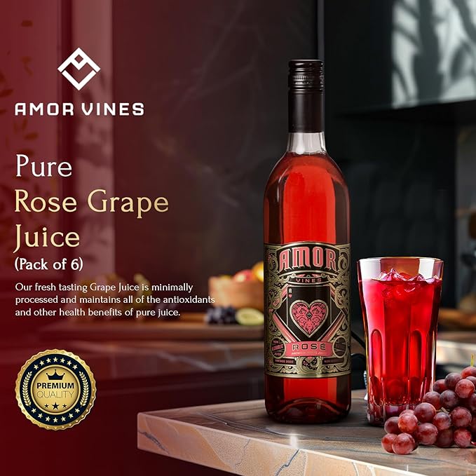 Amor Vines: Rosé Grape Juice – 100% Pure Non-Alcoholic No Water Added Preservative-Free – 750ml Glass Bottles (Pack of 6)