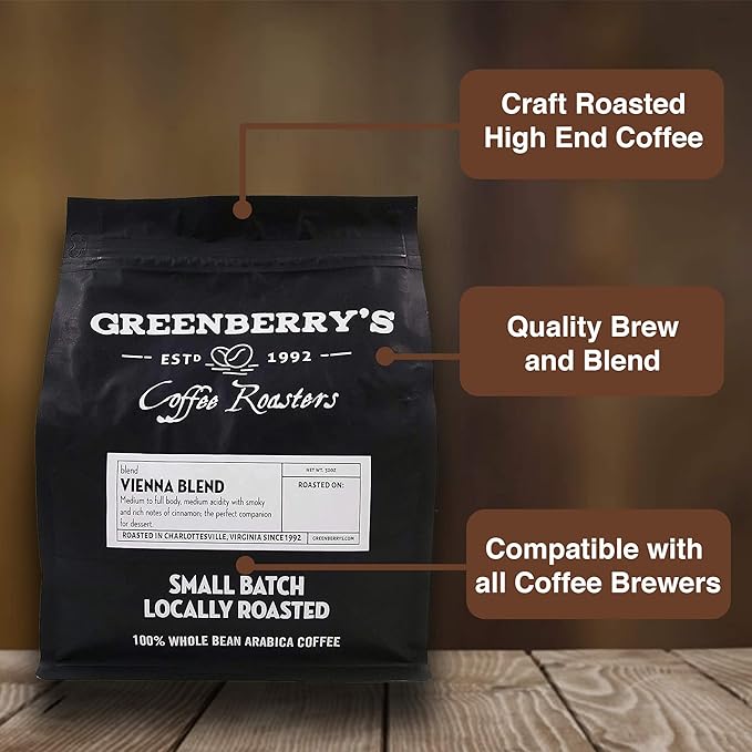 Greenberry's Coffee Co. - Vienna Blend Whole Bean - Bold Fresh 100% Arabica Dark Roast Beans 2 lbs