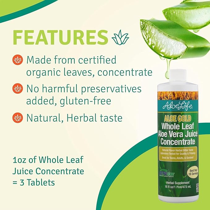 Aloe Life - Whole Leaf Aloe Vera Juice Multi-Flavor Bundle Certified Organic Gluten-Free (Cherry Berry Aloe Gold &amp Orange Papaya Flavors 16 oz Each)