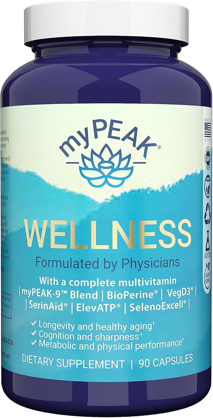 myPEAK Wellness Award-Winning Vegan Multivitamin with ElevATP Ancient Peat Extract Natural Astaxanthin Iron Resveratrol and Alpha GPC Immunity Booster All-in-One for Men and Women 90 Count