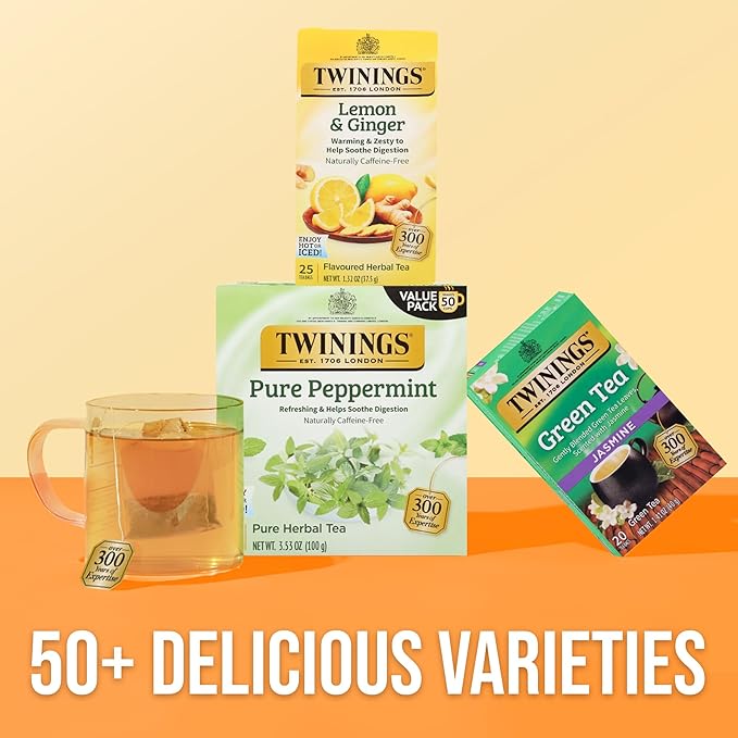 Twinings Lemon &amp Ginger Herbal Tea Individually Wrapped Bags 25 Count (Pack of 6) Spicy Ginger Lemon Peel &amp Lemongrass Naturally Caffeine-Free Enjoy Hot or Iced 150 Teabags