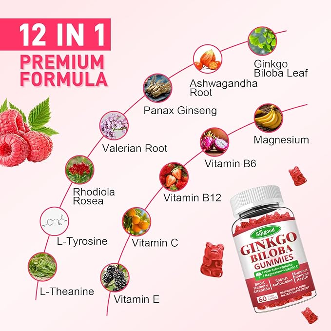 2 Pack Ginkgo Biloba Gummies with Panax Ginseng and Magnesium Ginkgo Biloba Supplements for Focus Memory and Brain Health for Adults &amp Kids Vegan Raspberry Flavor Gummies 120 Count