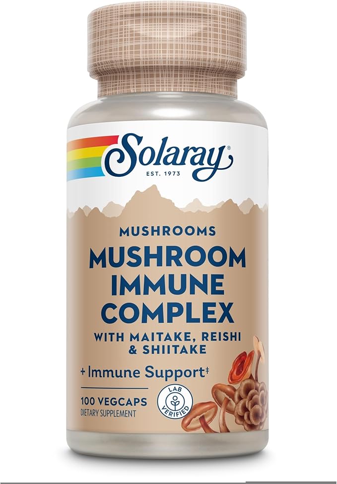 SOLARAY Maitake Reishi &amp Shiitake Mushroom Complex Capsules - Mushroom Supplement for Men &amp Women 600 mg per Serving Immune Health Support - 100 Veg Caps