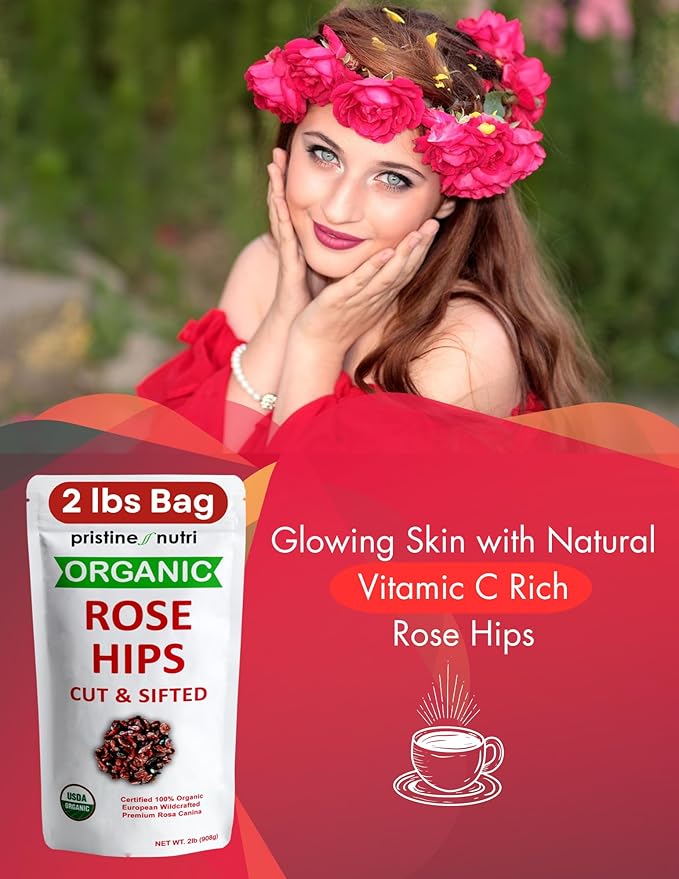 2 lb (32 oz) 100% USDA Organic Rose Hips Dried Bulk Rosehips Cut &amp Sifted Shells 95% Seedless European All Natural Makes 140 Cups of Vitamin C Rich Tea (packaging may vary)