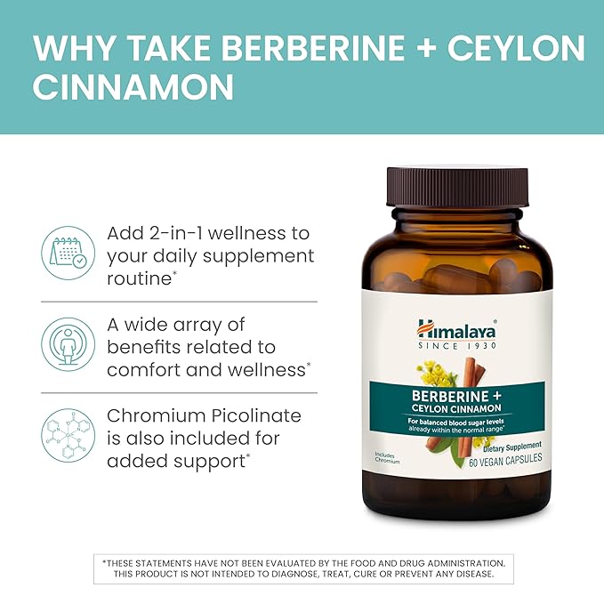 Himalaya Berberine with Ceylon Cinnamon - Herbal Supplement for Supporting Normal Metabolism Immune and Digestive Health - Vegan Gluten Free 60 Vegetarian Capsules