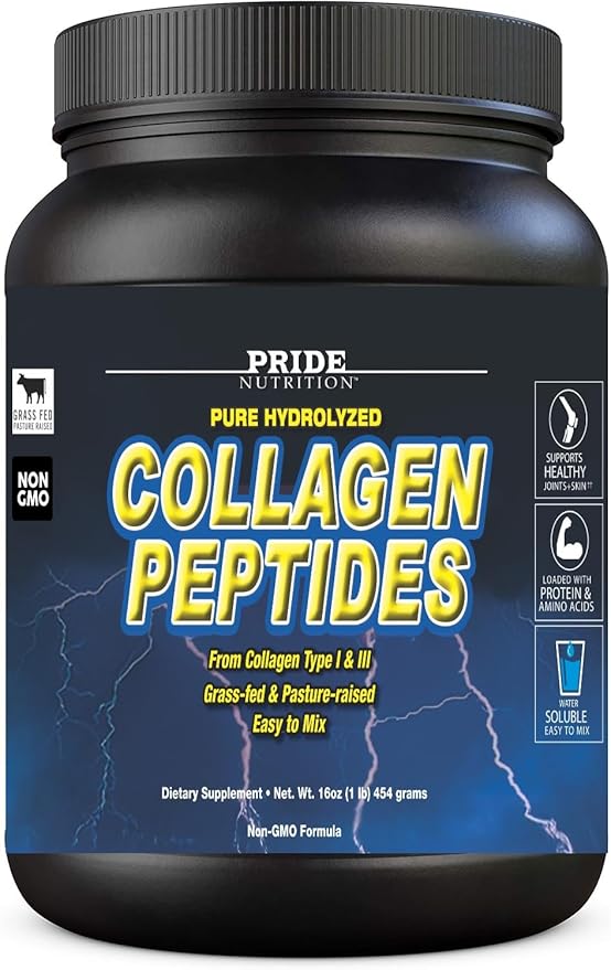 Pride Nutrition Collagen Peptides Powder Naturally-Sourced Hydrolyzed Collagen Powder - Healthy Hair Skin and Nail Support - Type I &amp III Grass-Fed Collagen Supplements for Women and Men - 16oz