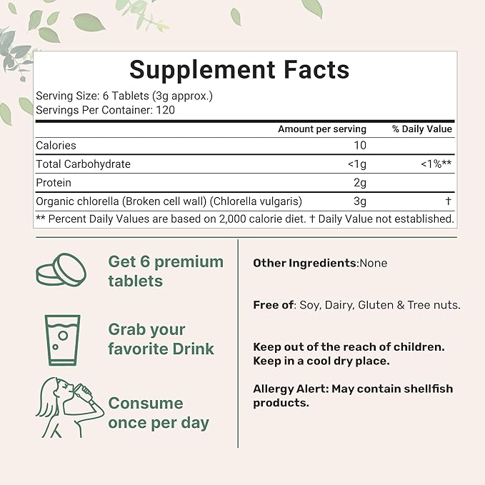 Organic Chlorella Tablets 500mg Per Tablet 720 Tabs (360 Grams) 4 Months Supply Broken Cell Wall Rich in Vegan Protein &amp Vitamins No Filler No Additives &amp Non-GMO | Pure Green Algae Sup