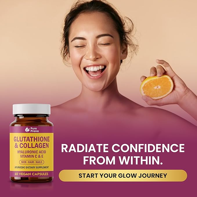 Pure Prana Glutathione &amp Vegan Collagen Builder - Brightening &amp Anti-Aging Supplement with Hyaluronic Acid Vitamin C &amp E - Radiant Skin Hair &amp Nails - 60 Capsules - Non-GMO Turmeric