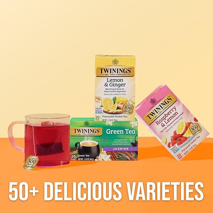 Twinings Raspberry &amp Lemon Herbal Tea Individually Wrapped Bags 20 Count (Pack of 6) Fruity &amp Zesty Naturally Caffeine-Free Enjoy Hot or Iced 120 Teabags