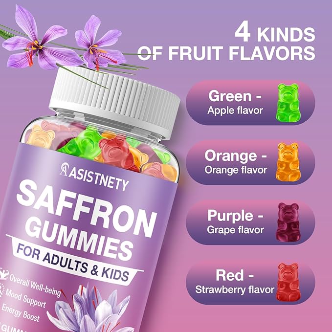 Saffron Gummies for Kids &amp Adults 88.5mg Saffron Extract Cαlm Focus &amp Mood Support Saffron Supplement with L-Theanine St.John's Wort Lemon Balm Vitamin D3 Magnesium Gentle Nerve &amp