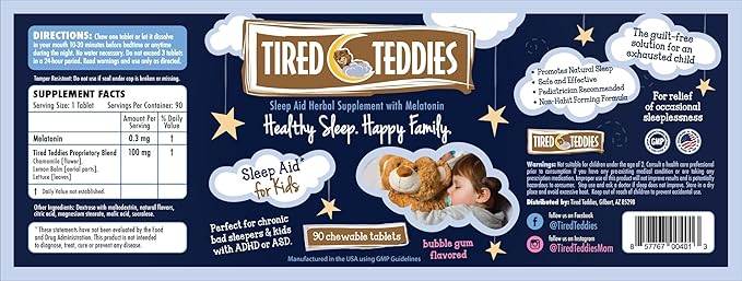Low Dose Melatonin Kids Chewable 0.3 mg - Kids Melatonin Tablet Sleep Support with Chamomile Bubblegum Flavor 90 Count